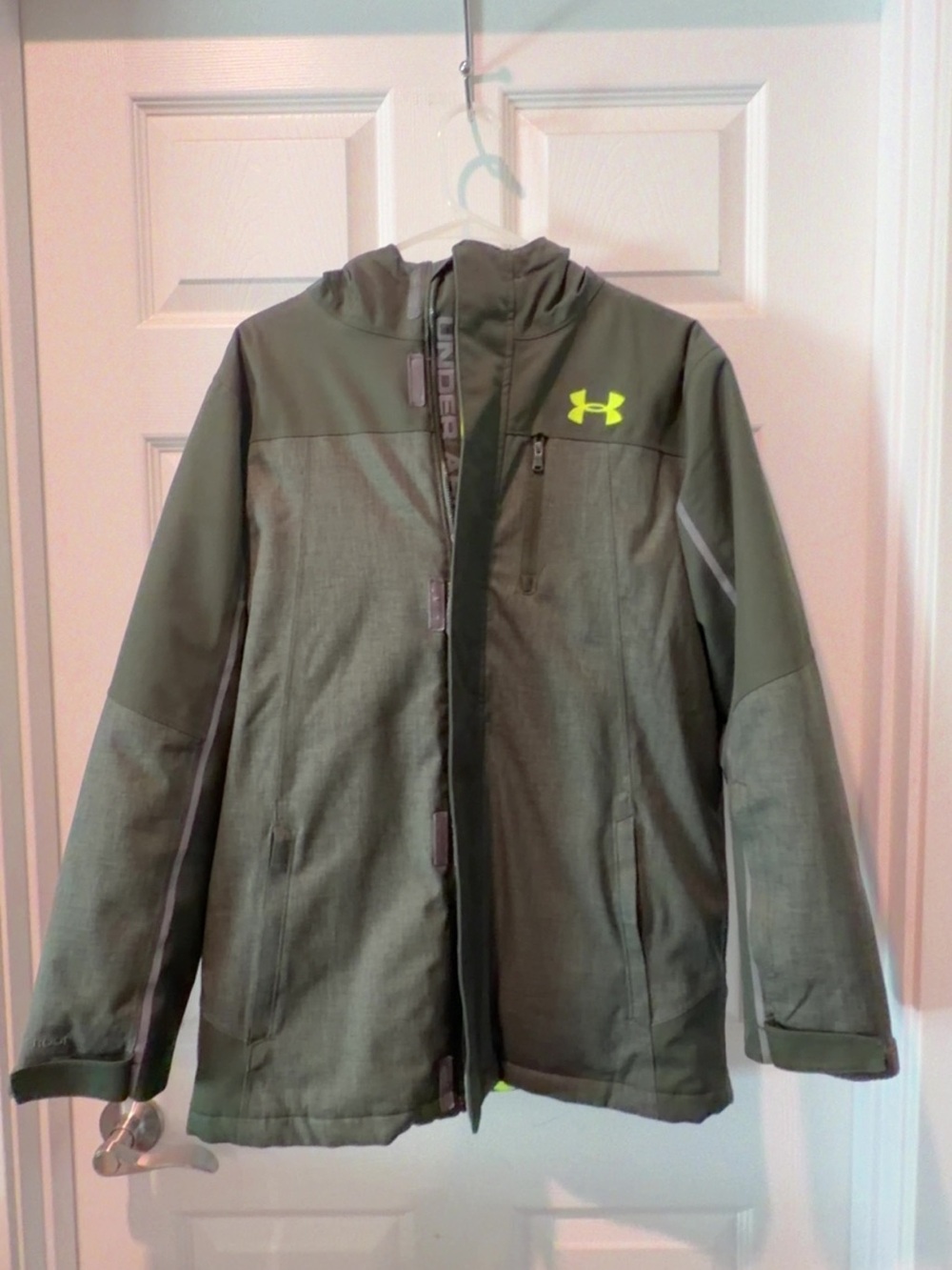 Under Armour Olive Green Hooded Puffer Winter Coat with Neon Logo